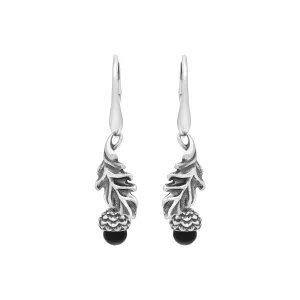 Sterling Silver Whitby Jet Acorn Leaf Hook Earrings