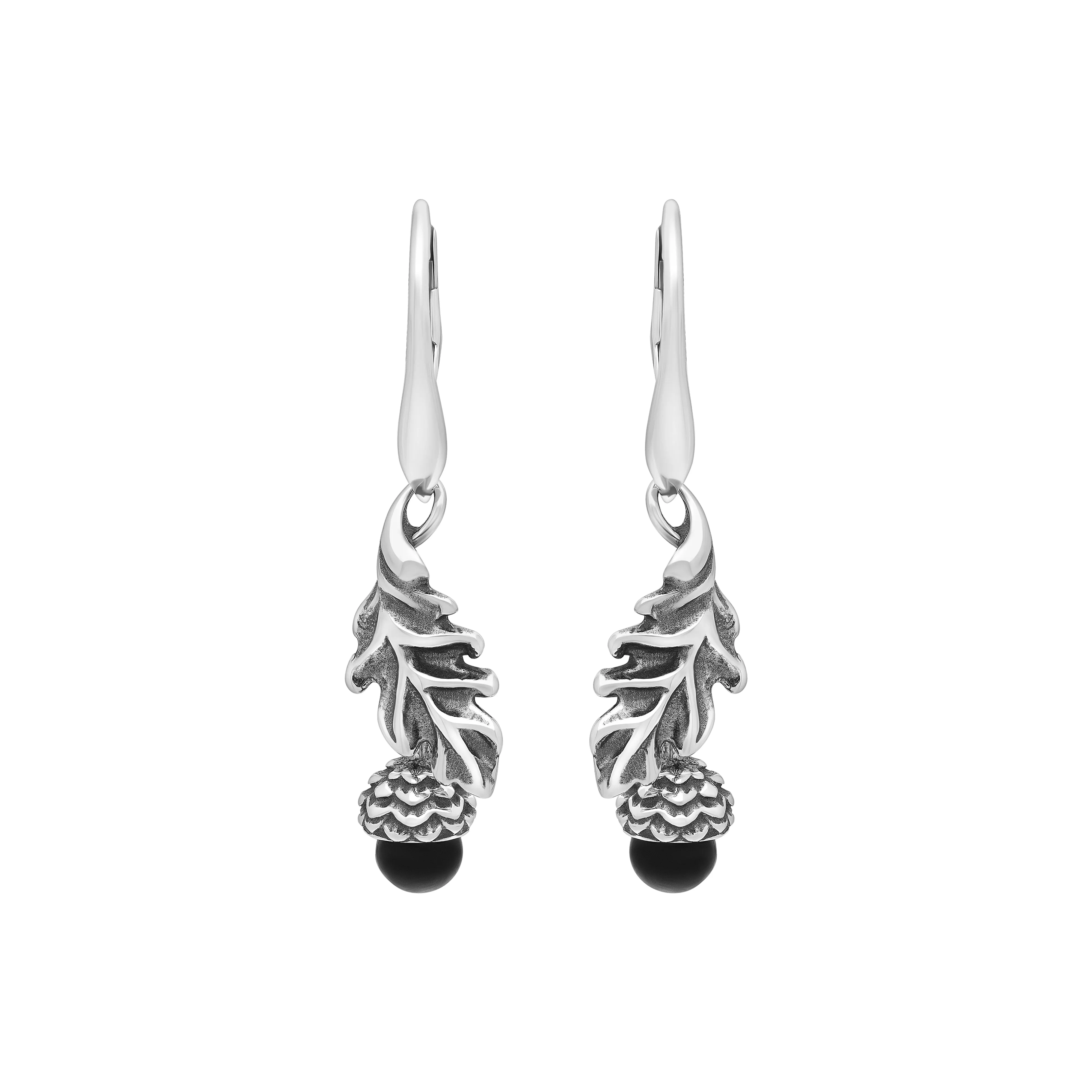 Sterling Silver Whitby Jet Acorn Leaf Hook Earrings