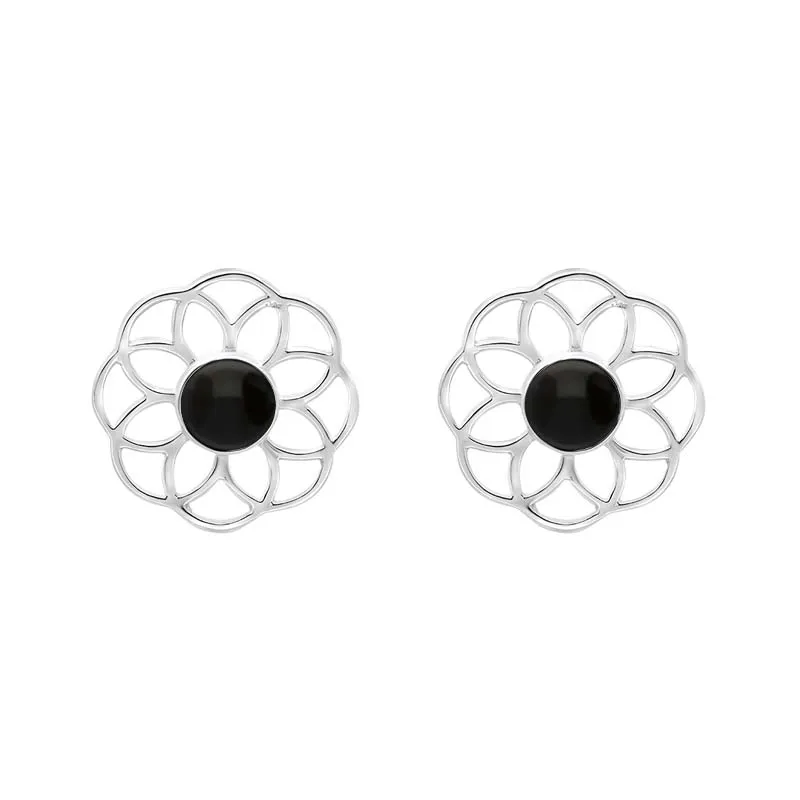 Sterling Silver Whitby Jet Flower Stud Earrings