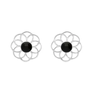 Sterling Silver Whitby Jet Flower Stud Earrings