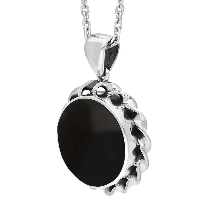 Sterling Silver Whitby Jet Round Thick Rope Edge Necklace