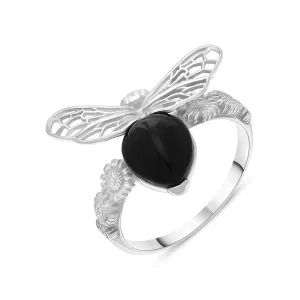 Sterling Silver Whitby Jet Small Bee Pear Ring