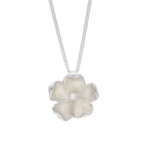 Sterling Silver White Enamel Diamond Flower Pendant