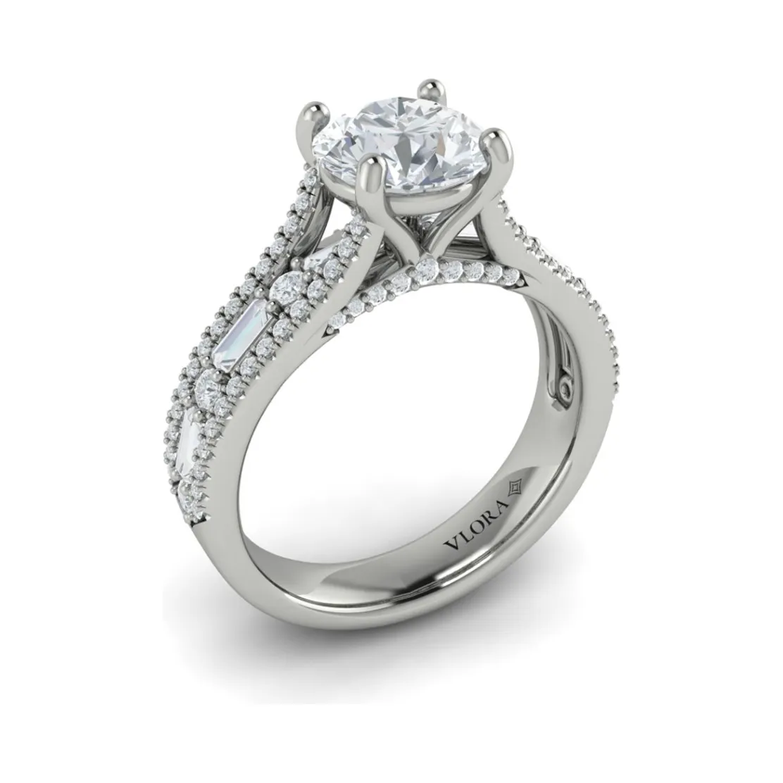 Vlora 14K White Gold Alternating Baguette & Round Diamond Engagement Ring