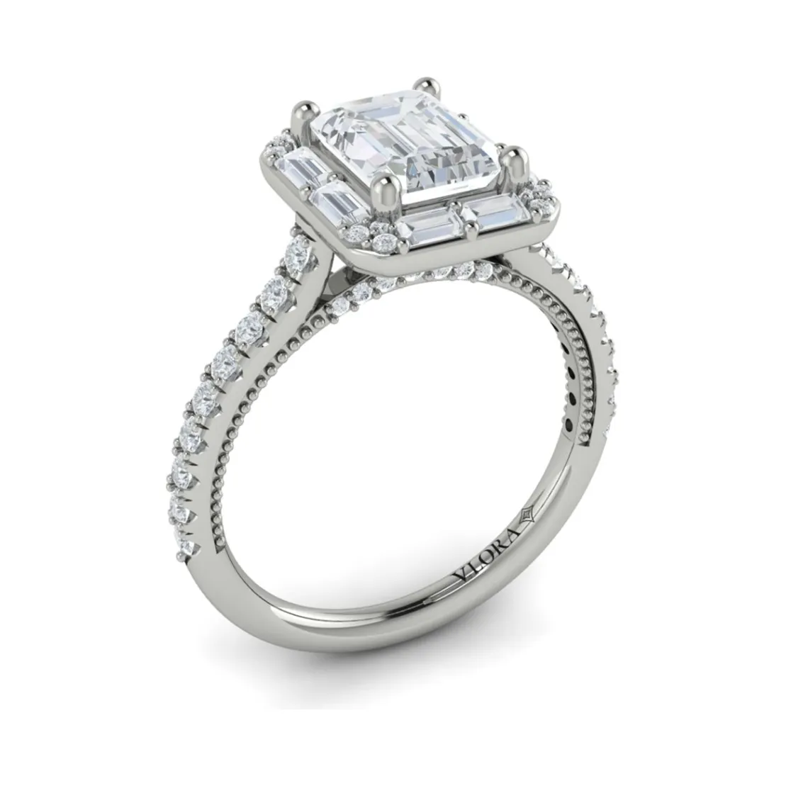 Vlora 14K White Gold Baguette Halo Diamond Engagement Ring